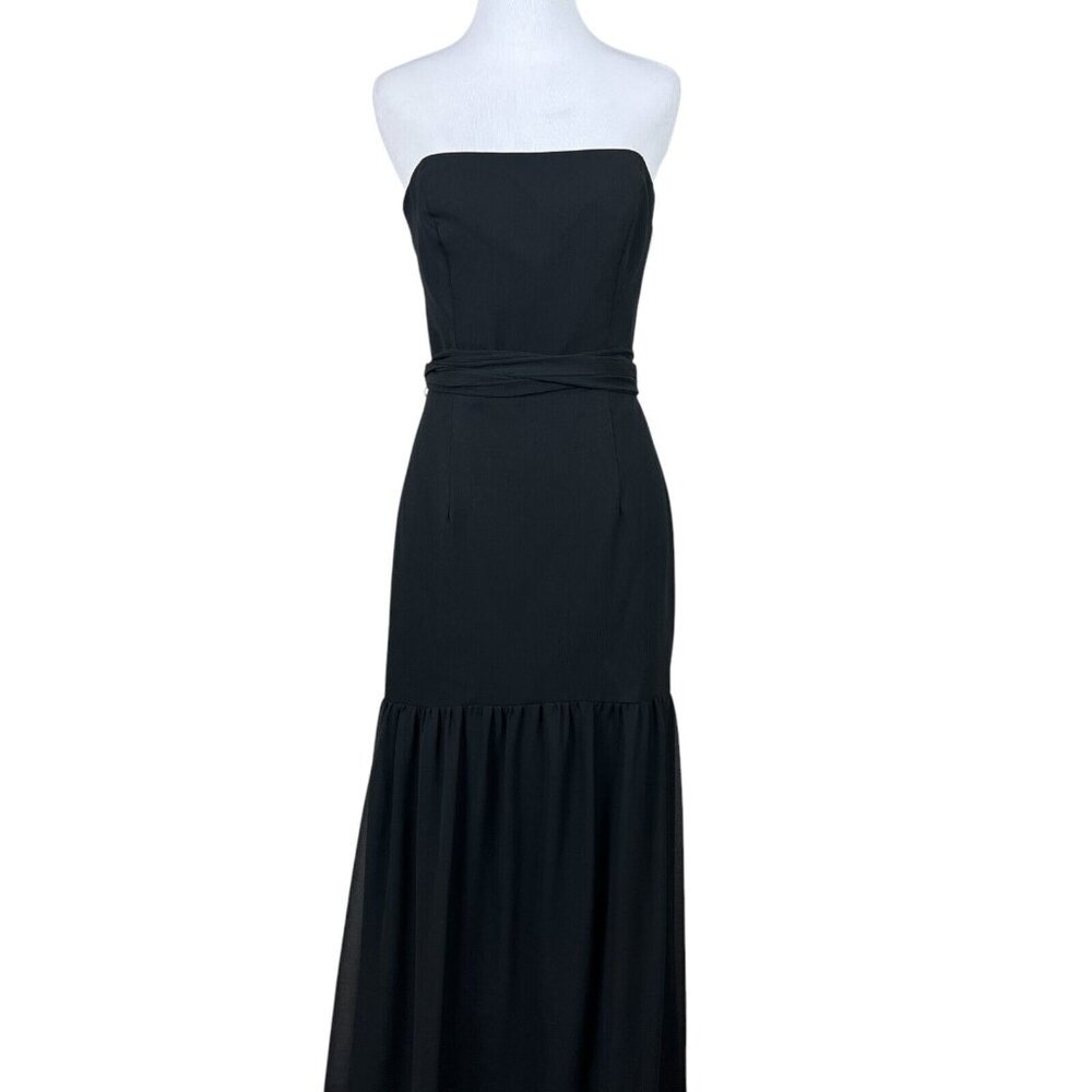 White Vera Wang Dress Womens 8 Black Crinkle Chiffon‎ Trumpet Hem Strapless Gown
